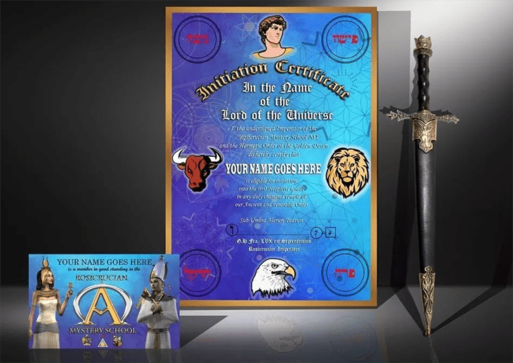 The Neophyte welcome kit: an initiation
        certificate, a membership card, and the Golden Dawn magick blade in its sheath